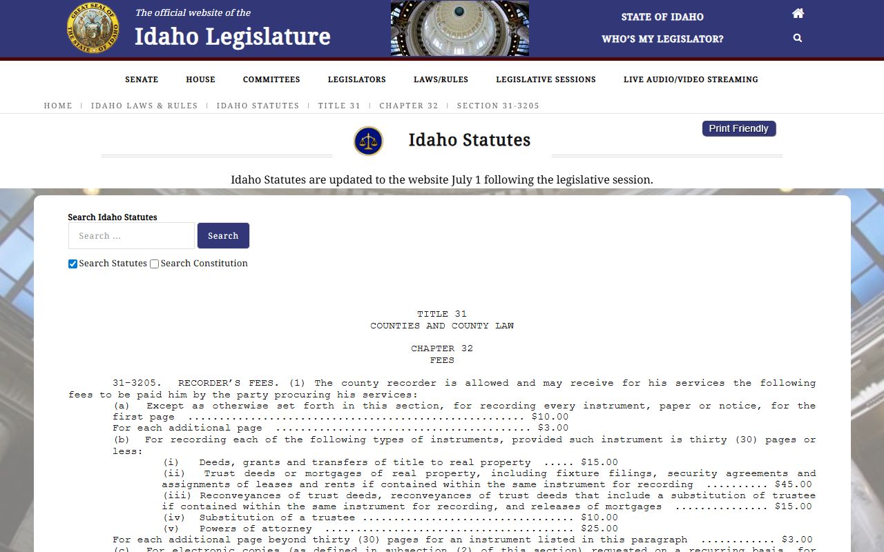 Twin Falls County clerk recorder fees and Idaho Code Section 31-3205