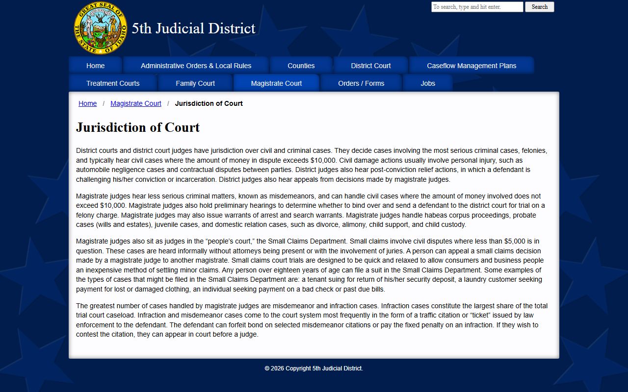 Twin Falls County court dockets Fifth Judicial District jurisdiction source