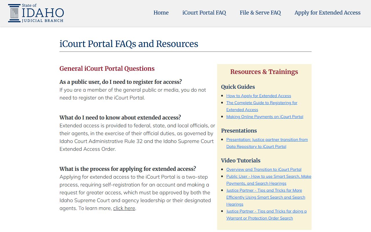 Twin Falls County court records iCourt portal FAQ restrictions