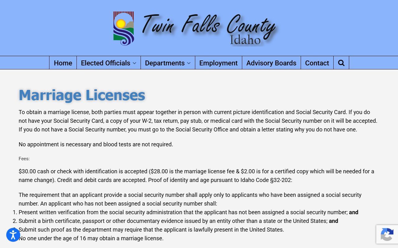 Twin Falls County marriage records official marriage license page