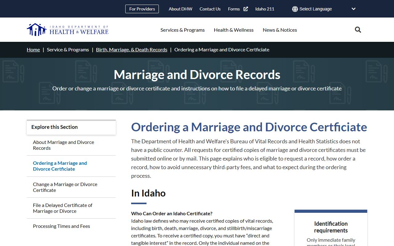 Twin Falls County marriage divorce records Idaho DHW certificate ordering source