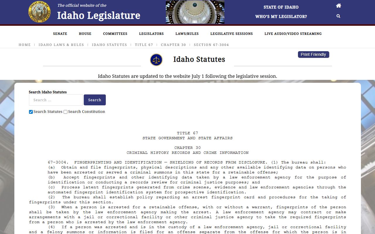 Twin Falls County warrant records Idaho criminal history repository statute source
